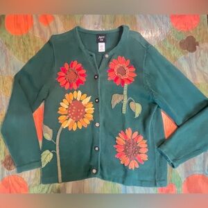 Vintage Avery Isle Fall Sweater Cardigan Womens Large 3D Leaves Green Colorful